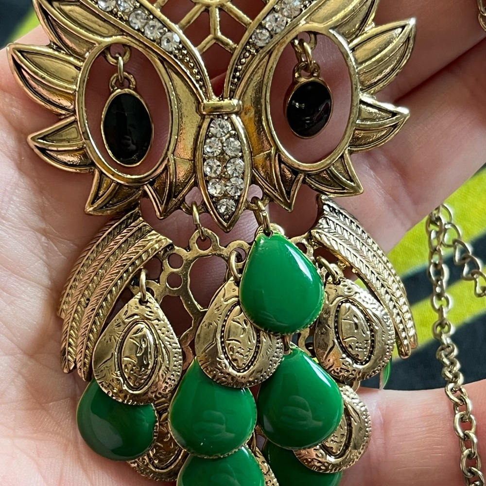 VTG Whimsigoth Boho Green Enamel Owl Statement Costume Jewelry Necklace - Picture 4 of 6